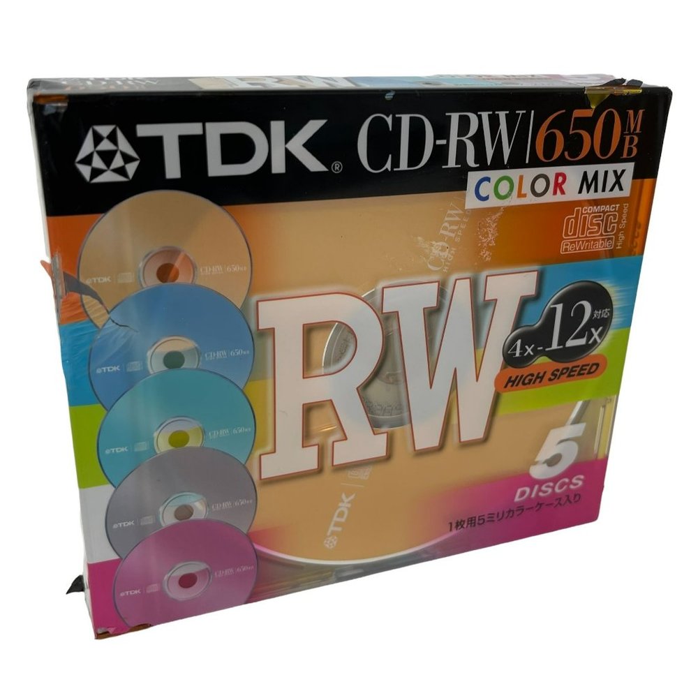 Retro Japanese TDK Blank CD-RW Multicolor‎ 5 Pack Cd's 650 mb